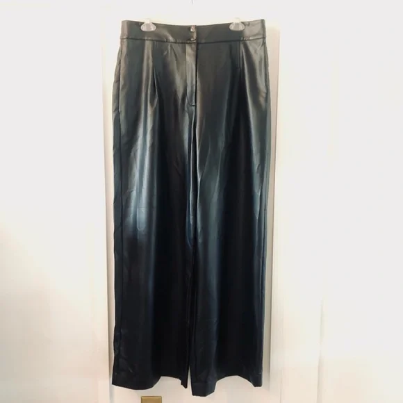 French Connection Wide Leg Trousers Faux Leather Black "Crolenda" Style Size 12 - Picture 5 of 14